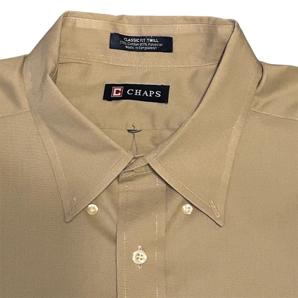 CHAPS Dress Shirt Mens 17-17.5 34-35 Beige Solid Classic Fit Button Up - Picture 3 of 5